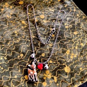 Rudolph the Red Nosed Reindeer Necklace, Silver Tone & Enamel w/heart & 2 Bells